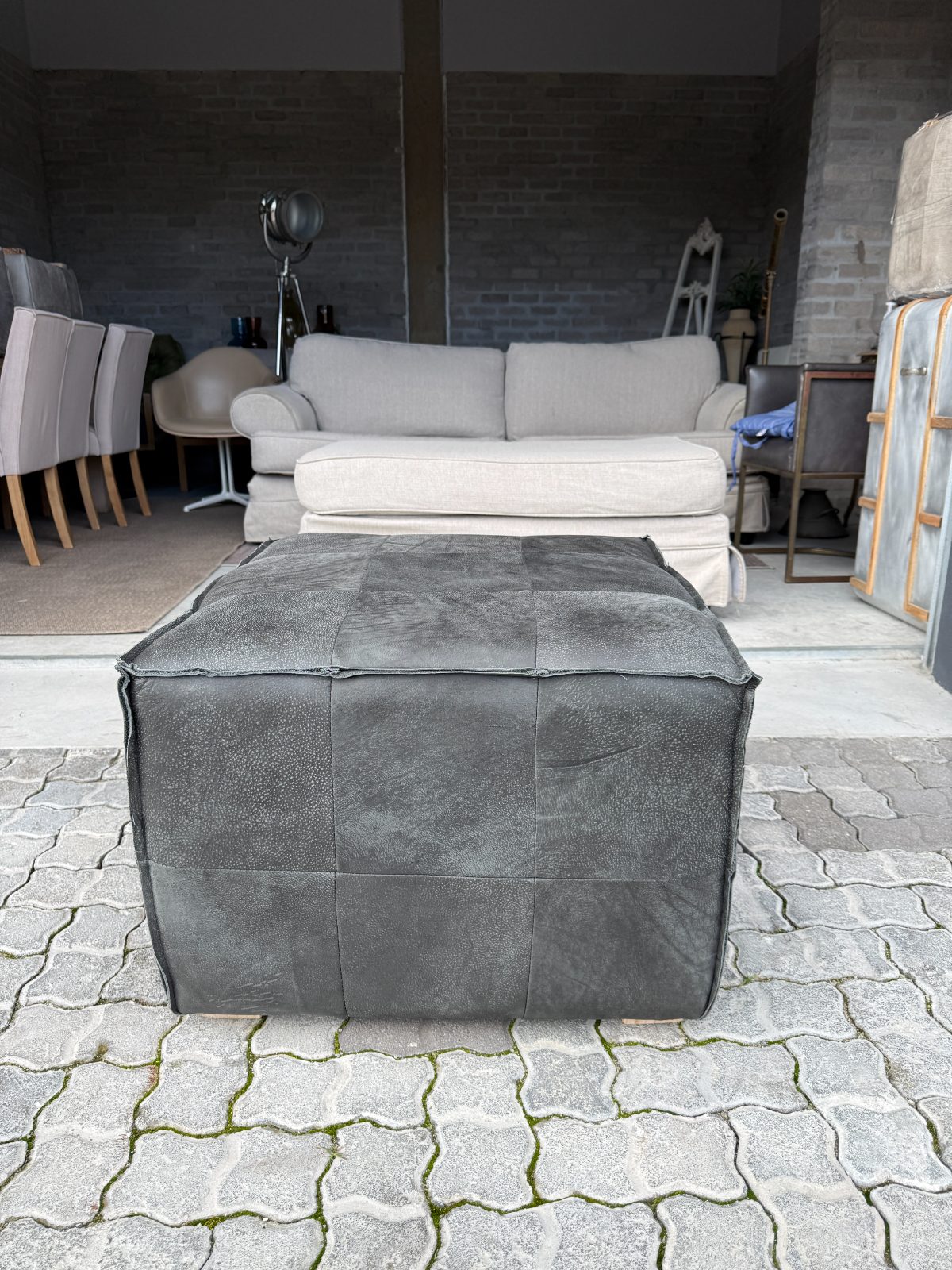 Dark Grey Full Grain Leather Ottoman