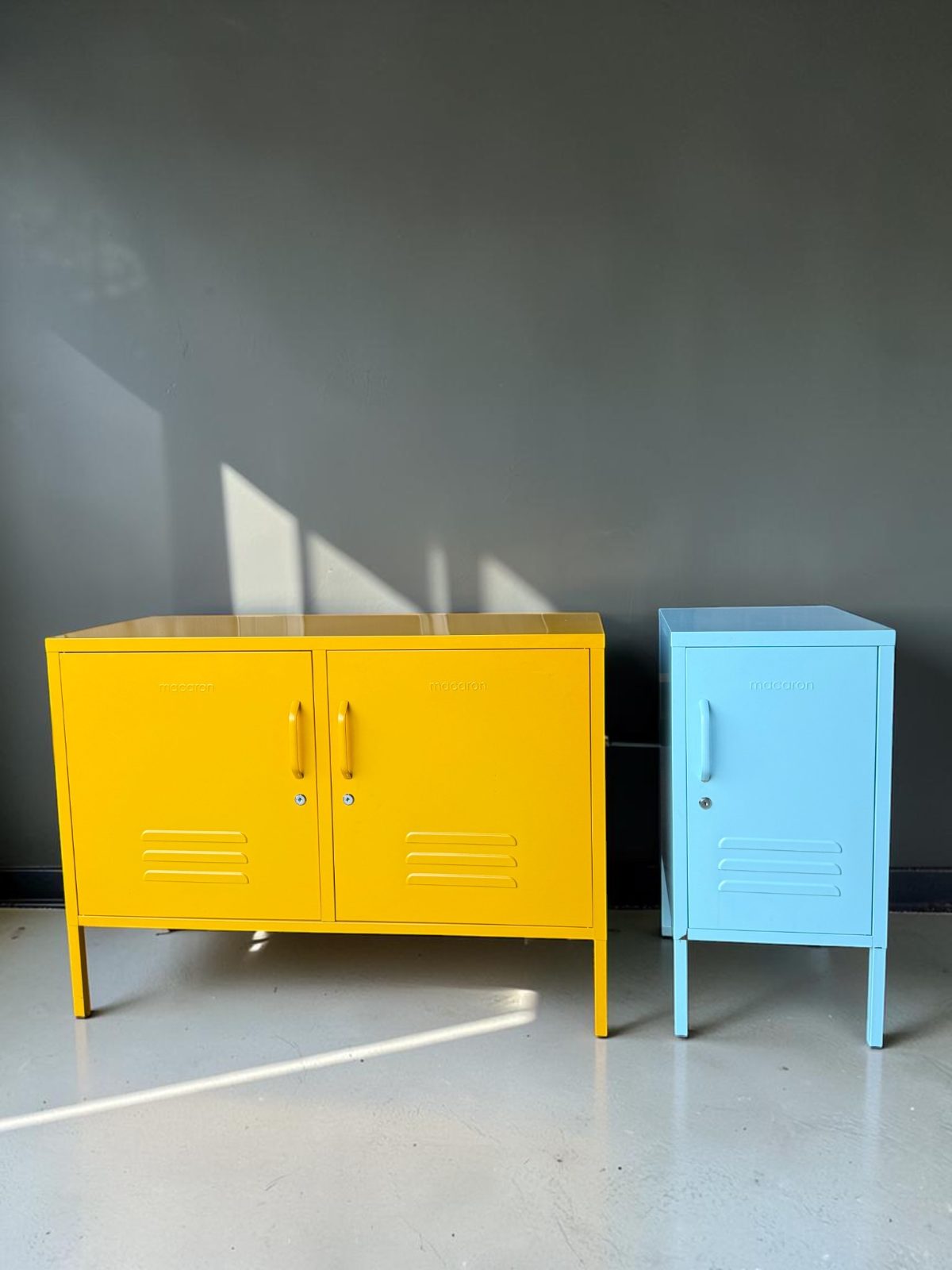 Macaron Retro Steel Locker Cabinets..Yellow TV Credenza & Blue Bedside