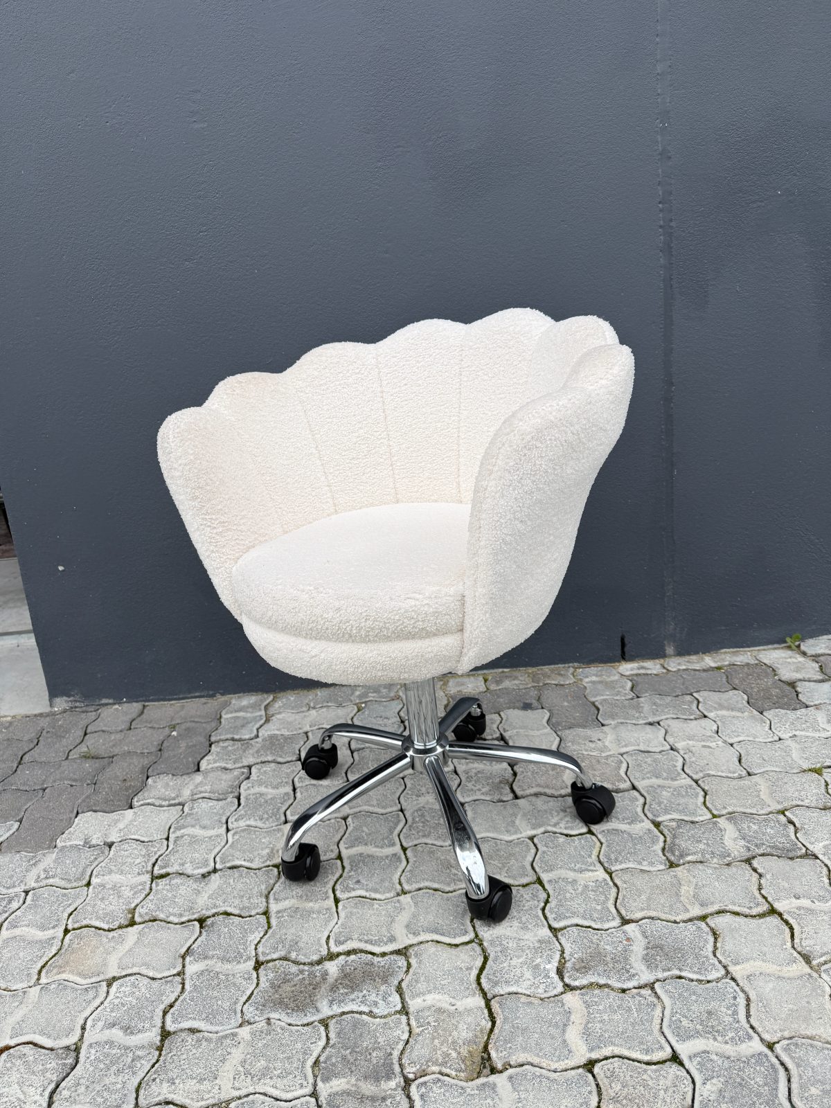 Cream Boucle Scalloped Shell Desk Chair with Swivel Base.