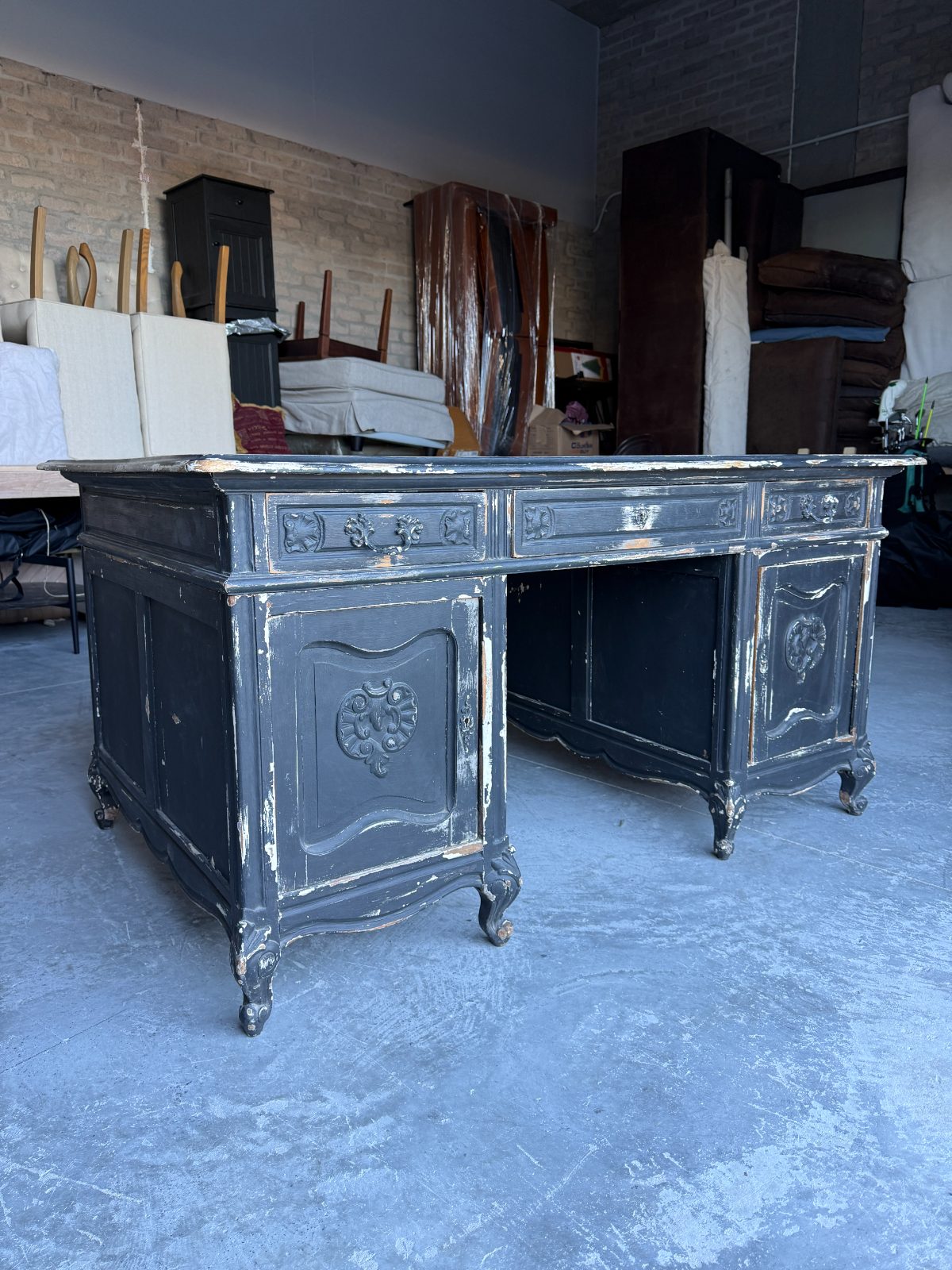 French Provincial Solid Oak Executive Desk with Leather Top