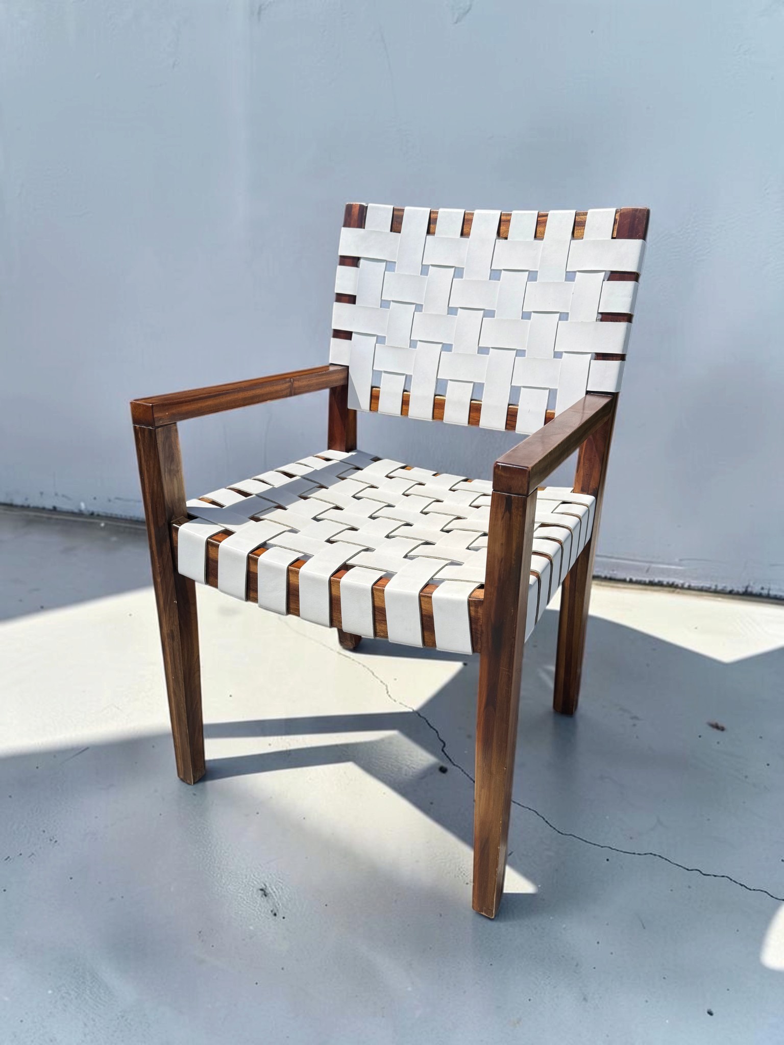 Solid Rosewood and White Genuine Woven Leather Armchair
